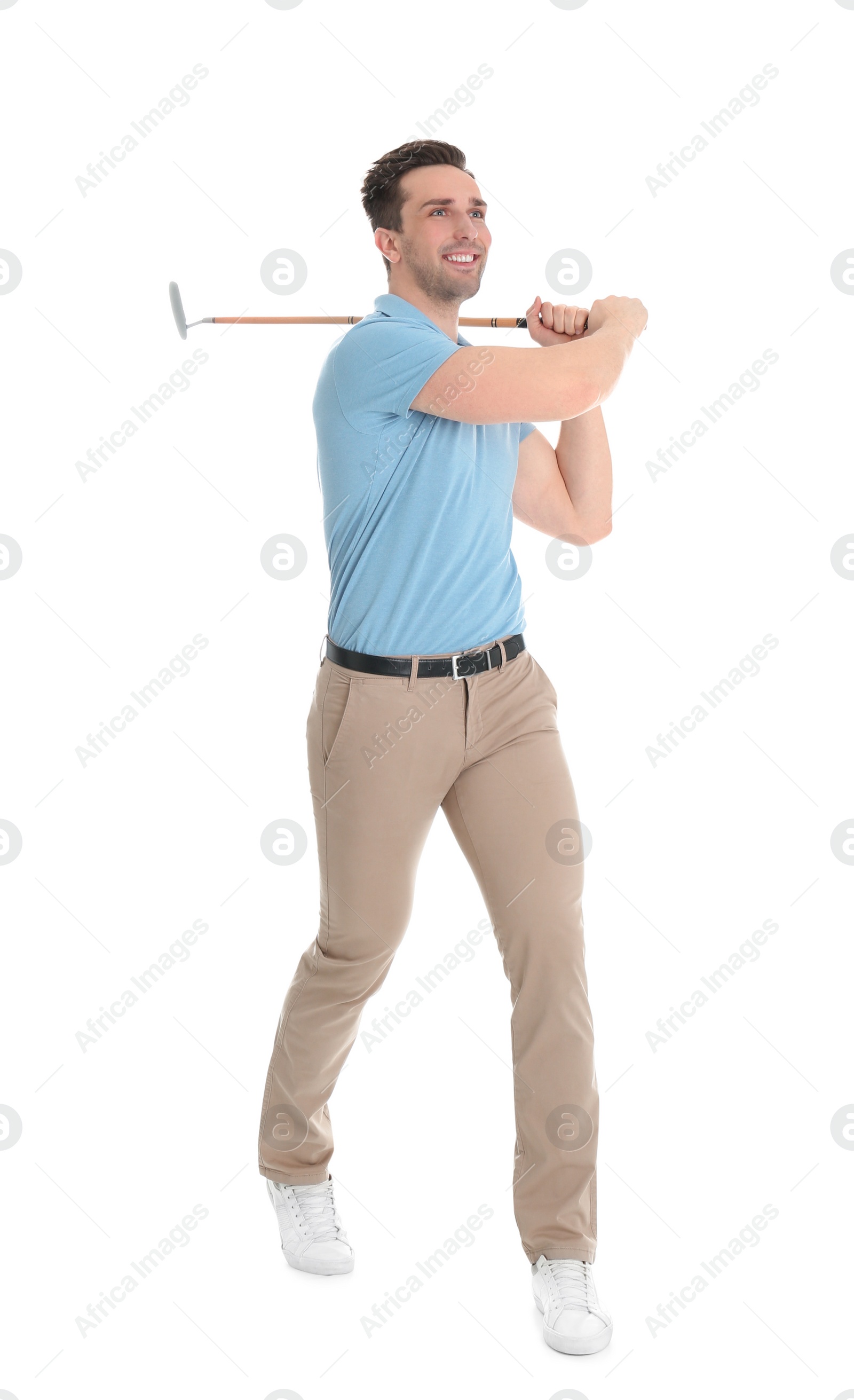 Photo of Full length portrait of man with golf club isolated on white