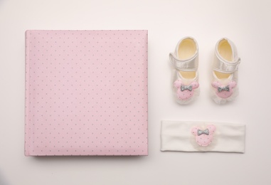 Photo of Baby accessories on white background, flat lay