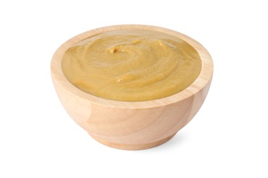 Photo of Fresh tasty mustard sauce in wooden bowl isolated on white