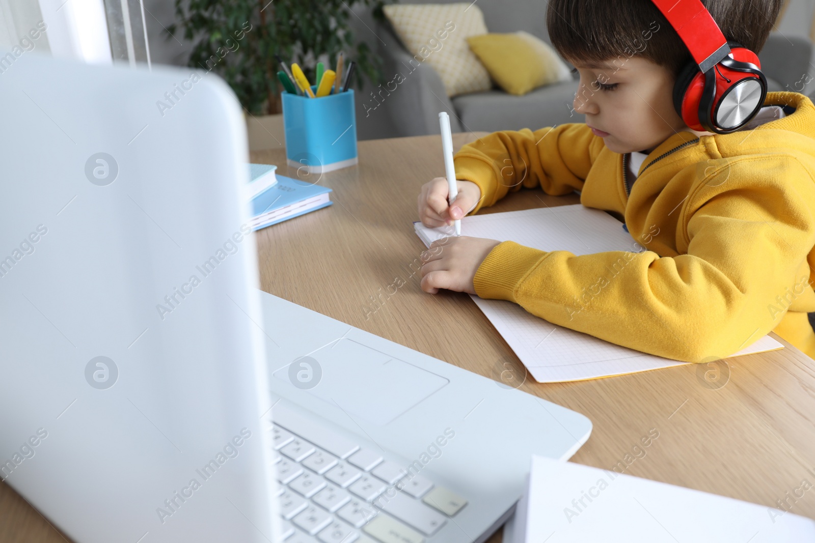 Photo of Cute little boy with modern laptop studying online at home. E-learning