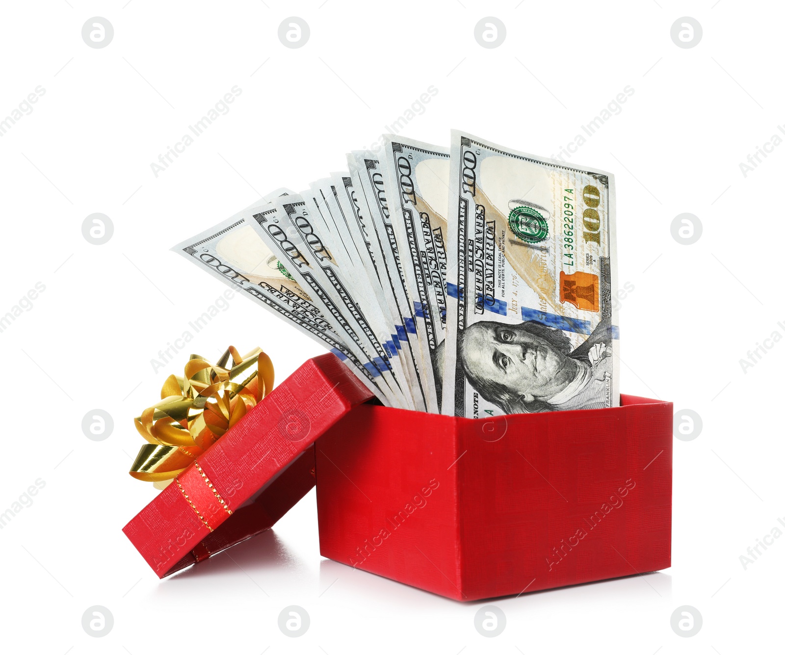 Photo of Gift box with dollar banknotes on white background