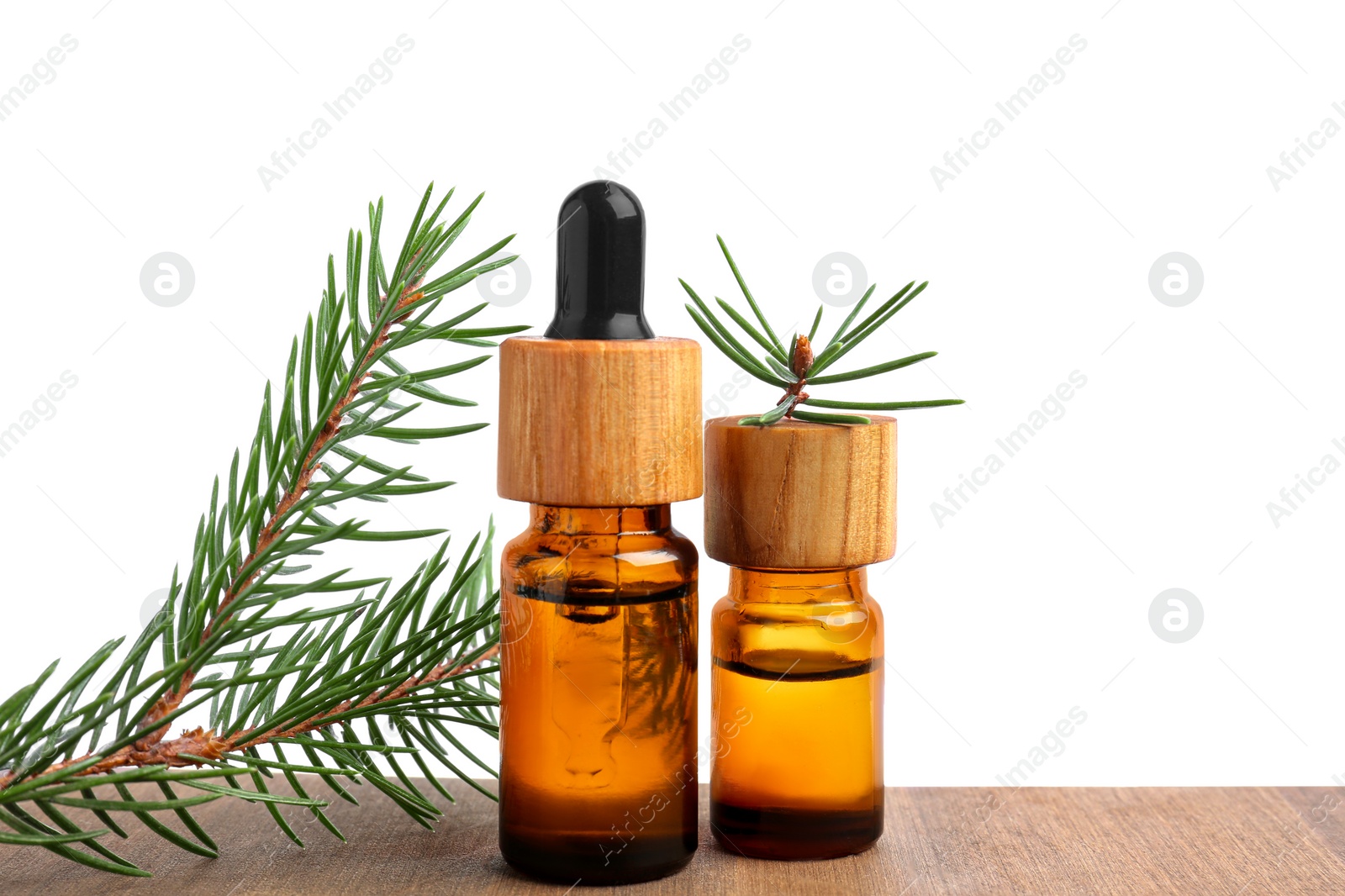 Photo of Bottles of pine essential oil and tree branch on wooden table against white background