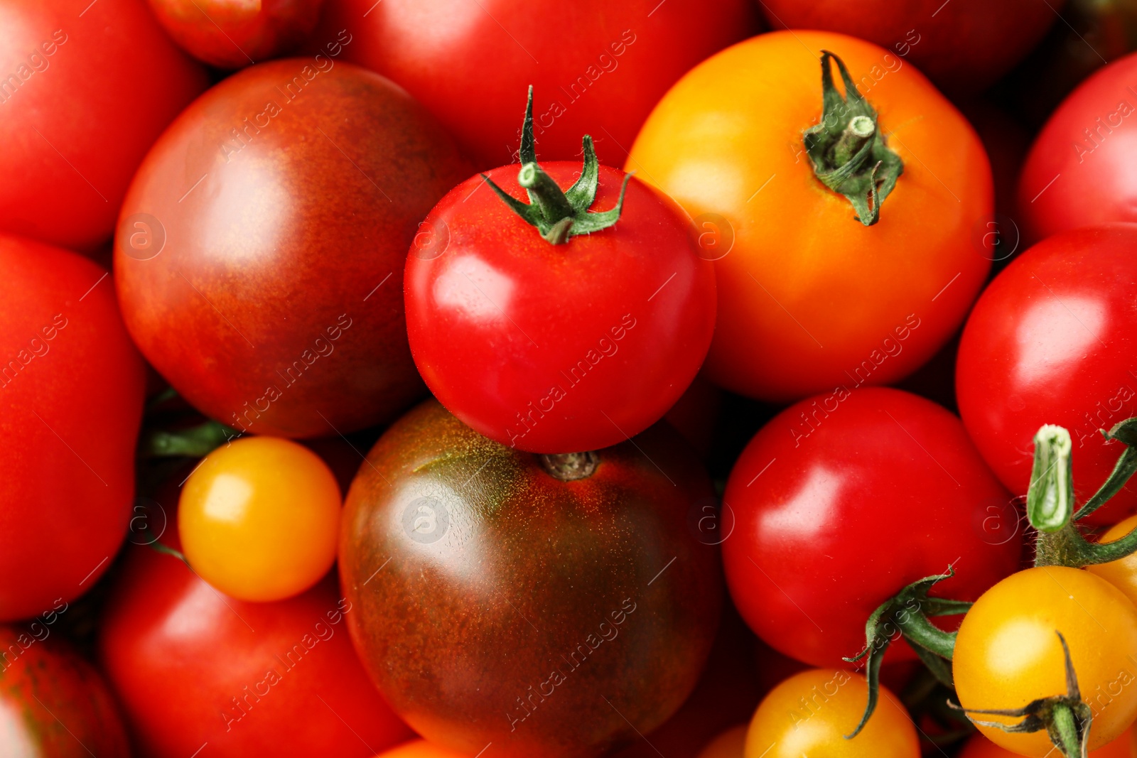 Photo of Fresh ripe tomatoes as background, top view