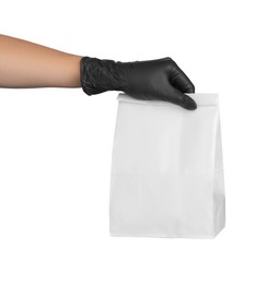 Photo of Woman holding paper bag on white background, closeup