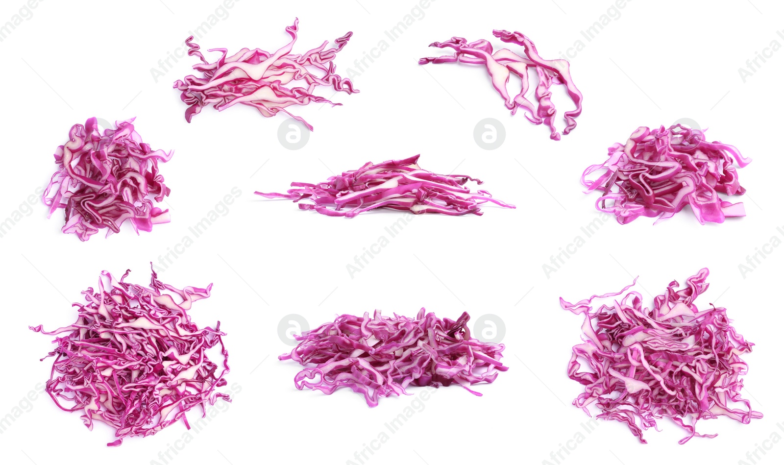 Image of Collage with piles of shredded fresh red cabbage on white background