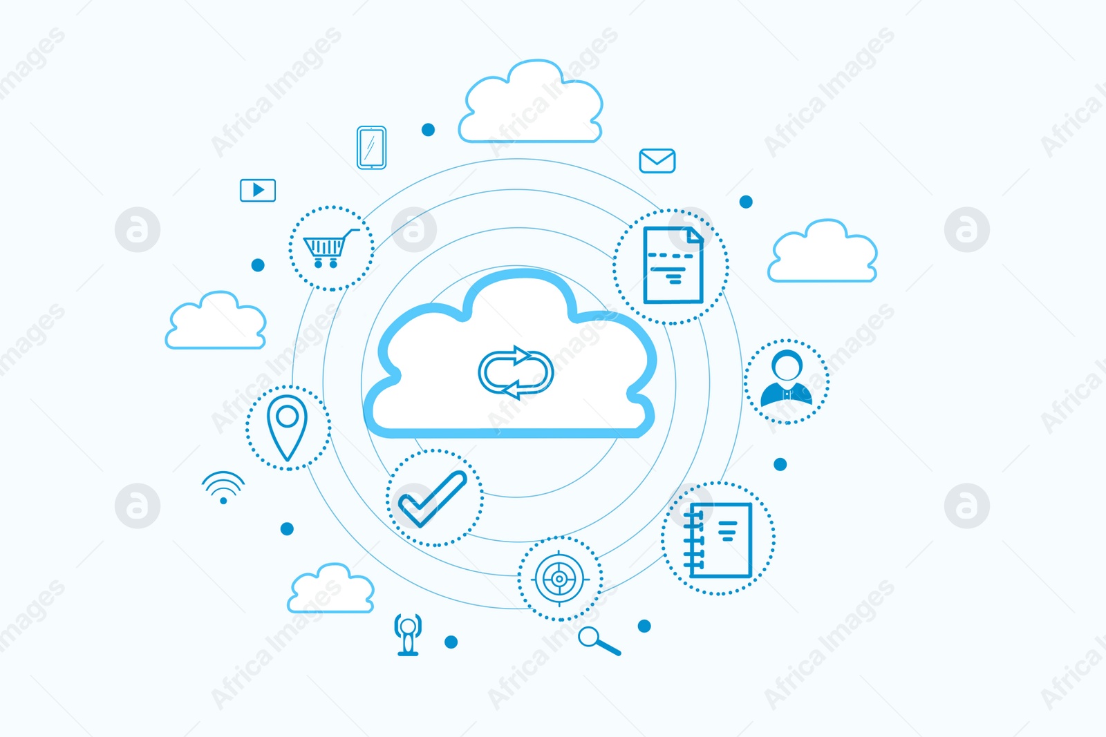 Illustration of  digital cloud with different icons on white background. Modern technology concept 