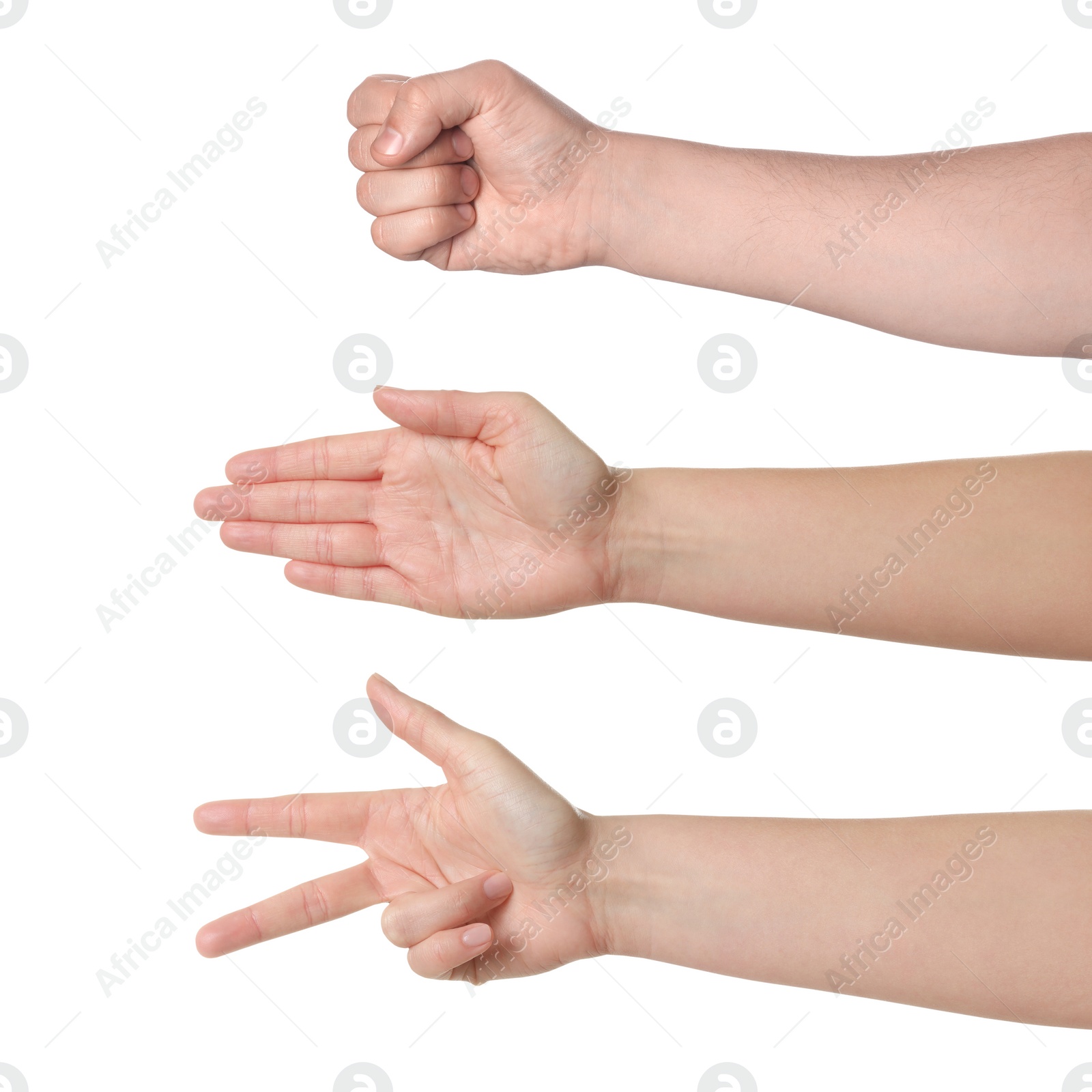 Image of People playing rock, paper and scissors on white background, closeup