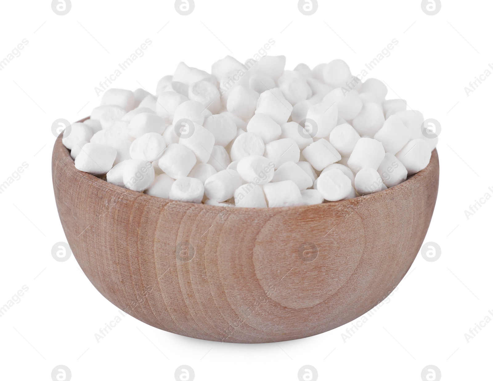 Photo of Bowl of delicious puffy marshmallows isolated on white