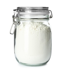 Photo of Jar of wheat flour isolated on white