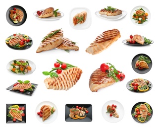 Image of Set of grilled chicken breasts on white background