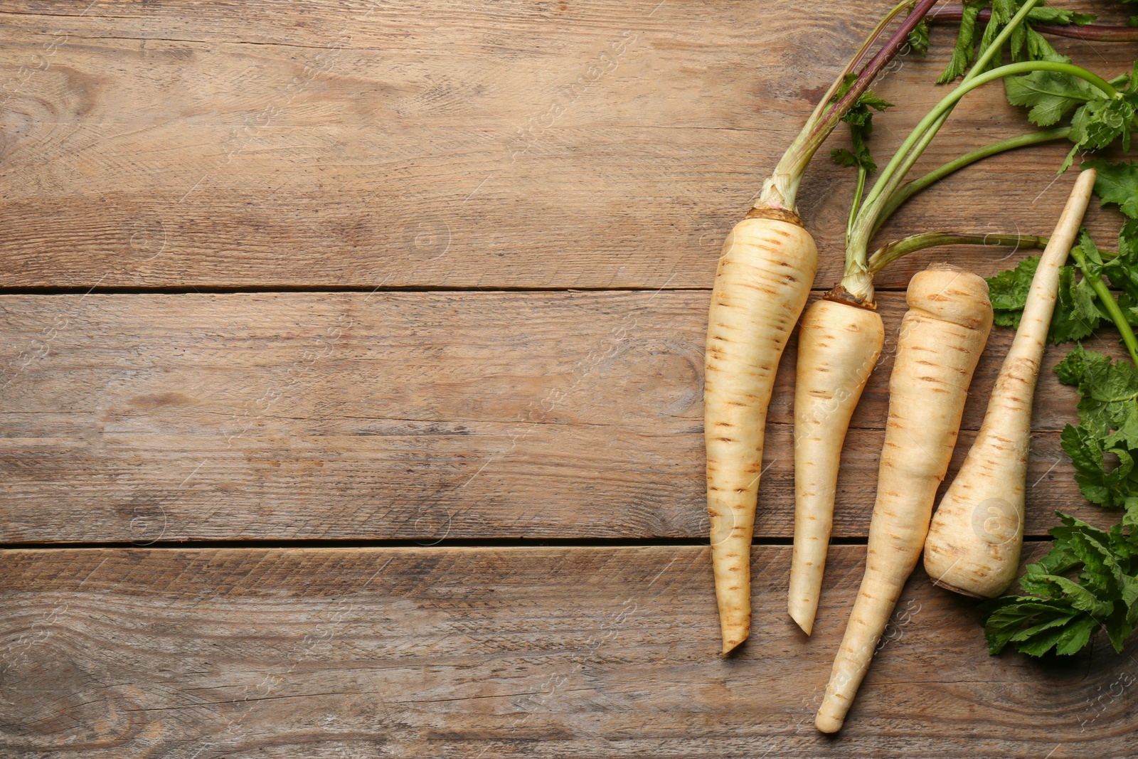 Photo of Fresh ripe parsnips with leaves on wooden table, flat lay. Space for text