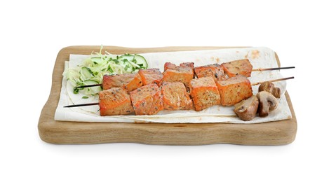 Photo of Board with delicious shish kebabs, vegetables and lavash isolated on white