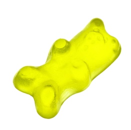 Photo of Delicious yellow jelly bear on white background