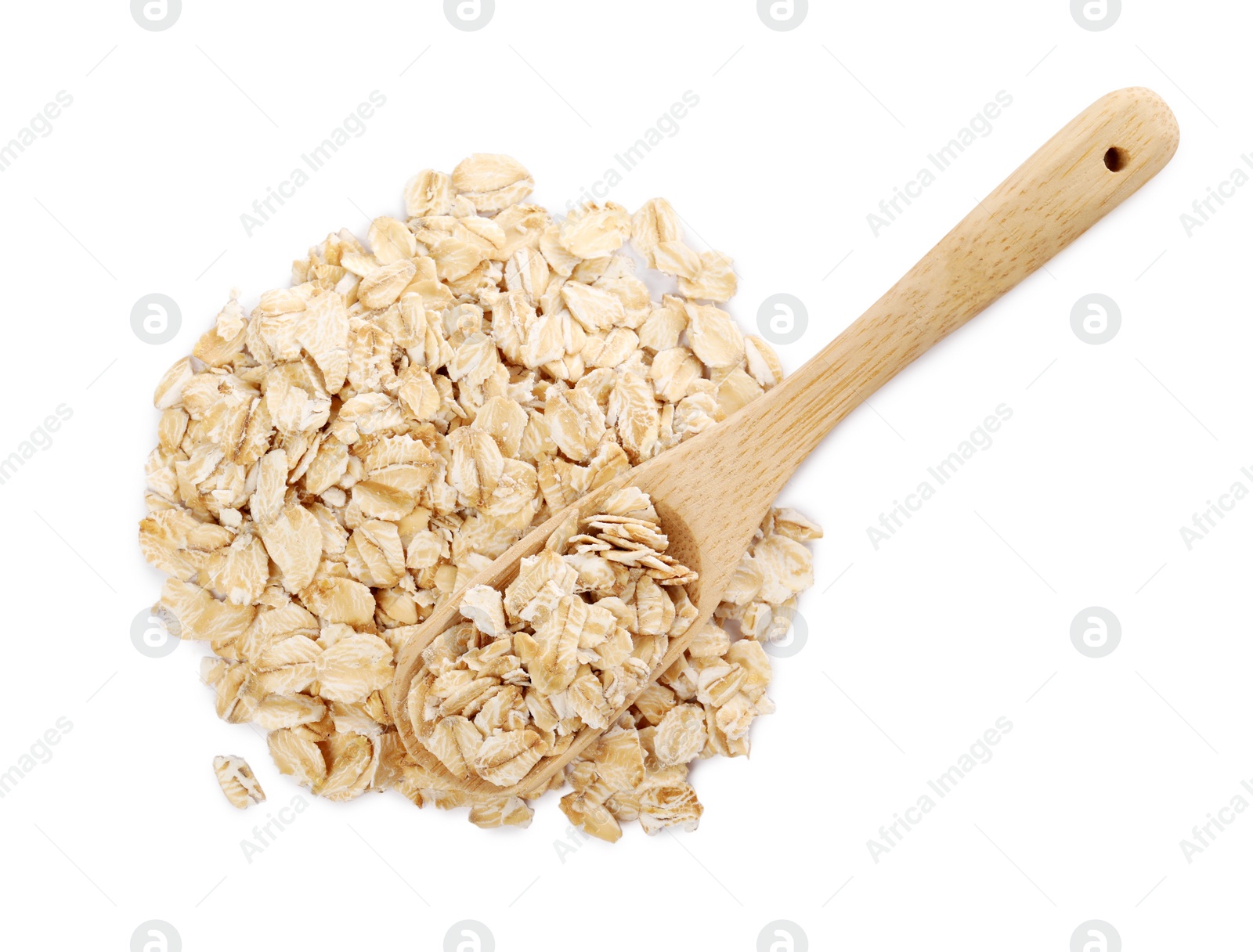 Photo of Wooden scoop with oatmeal isolated on white, top view