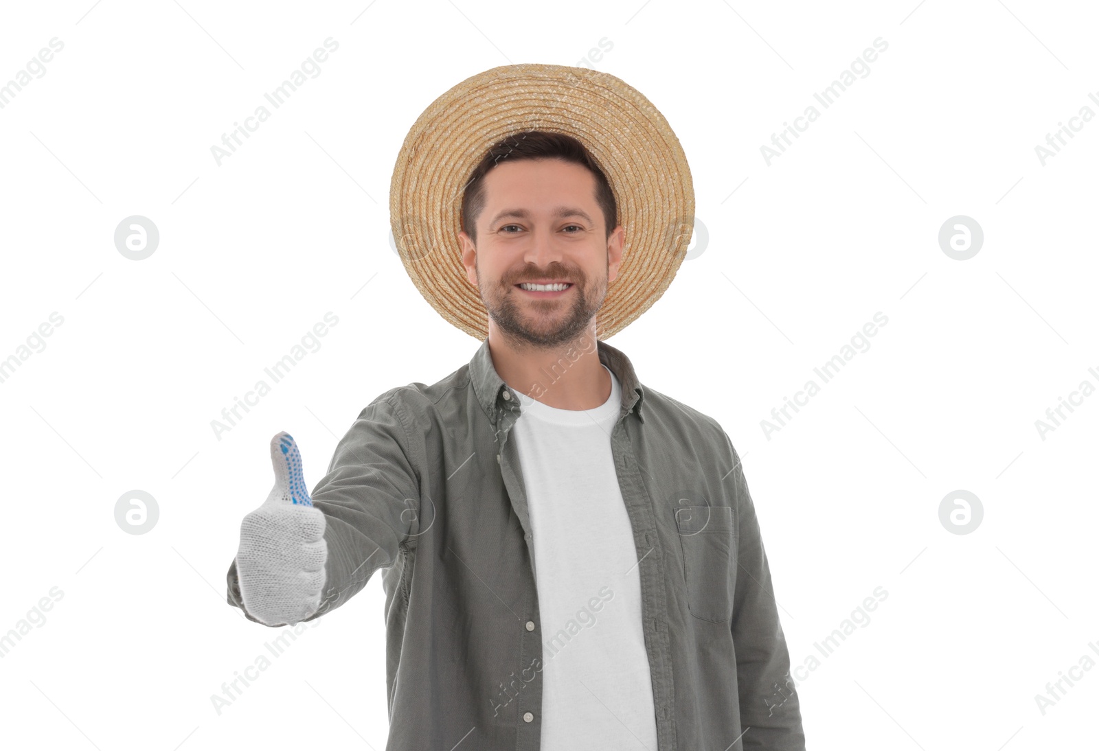 Photo of Harvesting season. Happy farmer showing thumb up on white background