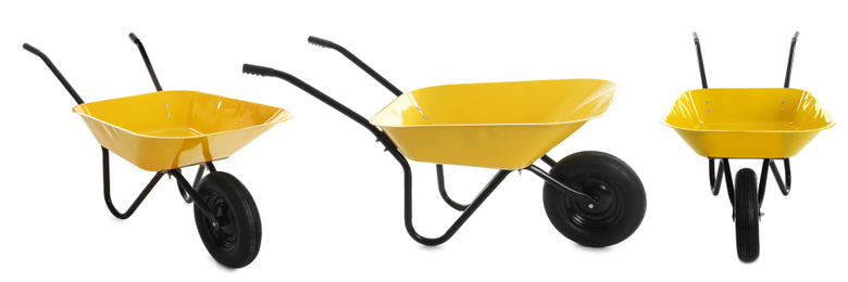 Image of Set of new yellow wheelbarrows on white background, banner design. Gardening tool