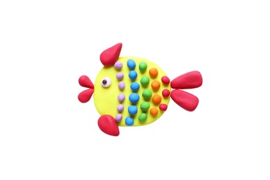 Photo of Fish made of plasticine on white background, top view