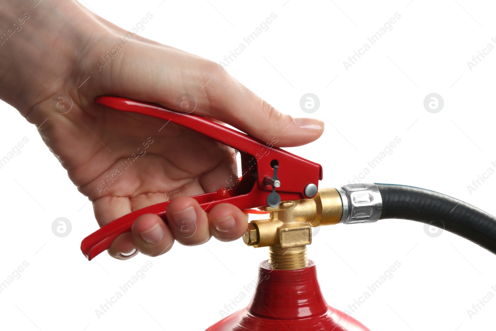 Photo of Woman using fire extinguisher on white background, closeup