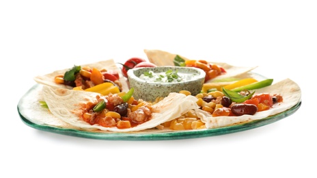 Plate of tortillas with chili con carne on white background