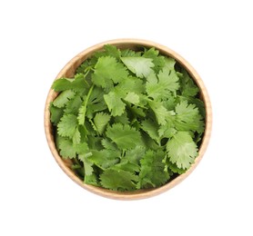 Photo of Bowl with fresh green coriander leaves isolated on white, top view