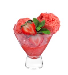 Photo of Delicious pink ice cream with mint and strawberry in glass dessert bowl isolated on white