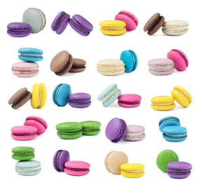 Image of Set with different delicious macarons on white background