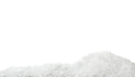 Wooden surface covered with snow against white background