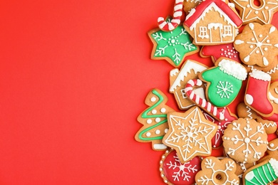 Photo of Tasty homemade Christmas cookies on color background, top view