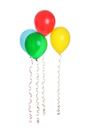 Photo of Many colorful balloons floating on white background