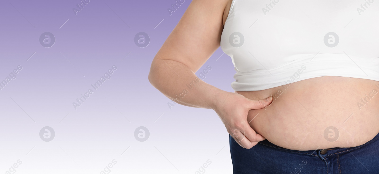 Image of Closeup view of overweight woman on color background, space for text. Banner design