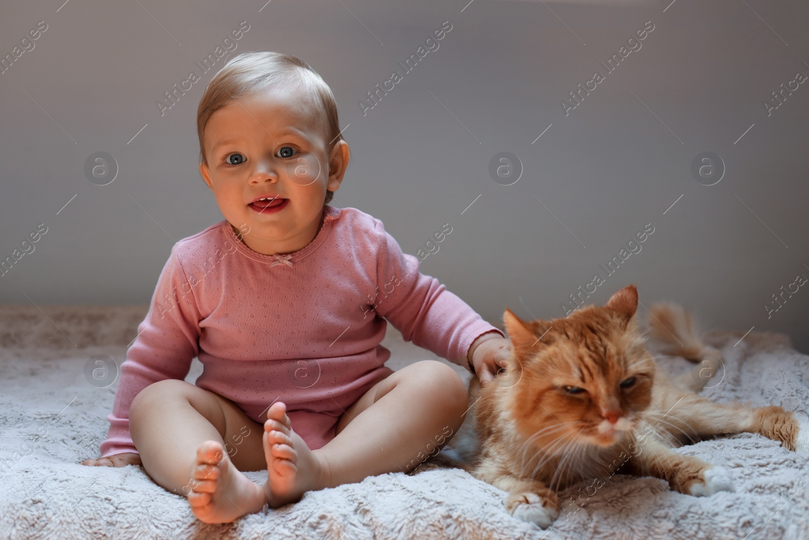 Photo of Adorable baby and cute red cat on bed indoors