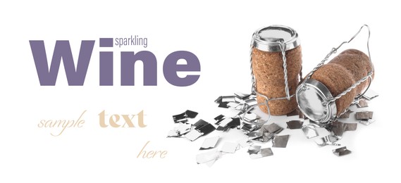 Sparkling wine corks with muselet caps and shiny silver confetti on white background, banner design. Space for design