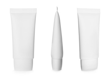 Image of Set with blank tubes of cosmetic products on white background. Mockup for design