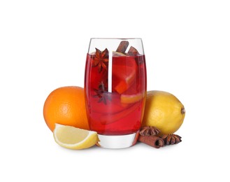 Photo of Glass with tasty punch drink and ingredients isolated on white