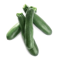 Fresh ripe green zucchinis isolated on white, top view