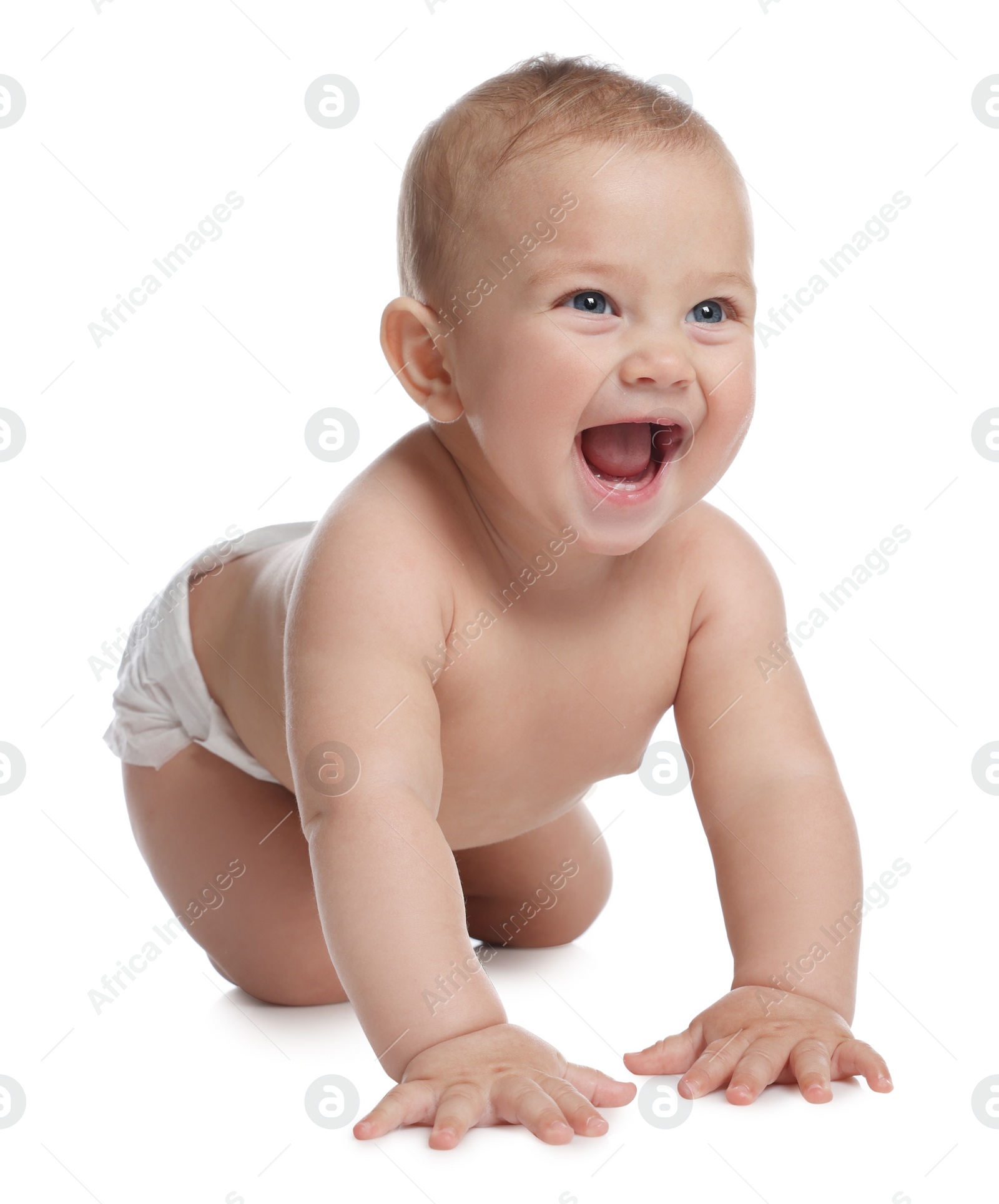 Photo of Cute little baby in diaper crawling on white background