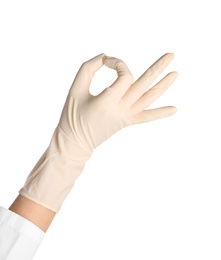 Doctor in medical glove showing OK gesture on white background