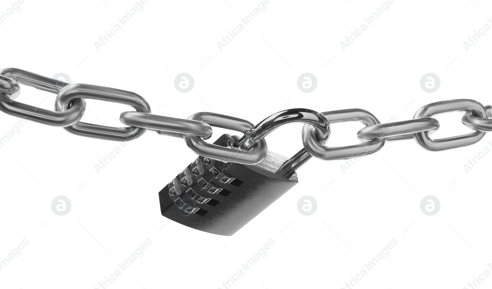 Photo of Steel combination padlock and chain isolated on white