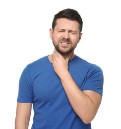 Photo of Man suffering from sore throat on white background