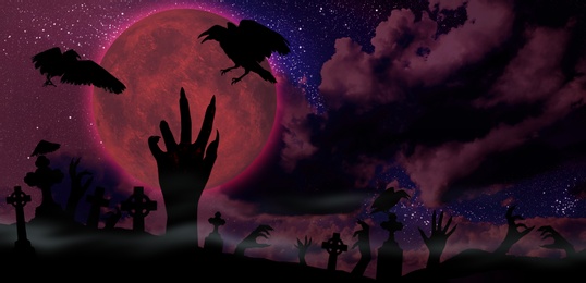 Scary zombies and monsters arising from graves at old cemetery under full moon on Halloween night. Banner design