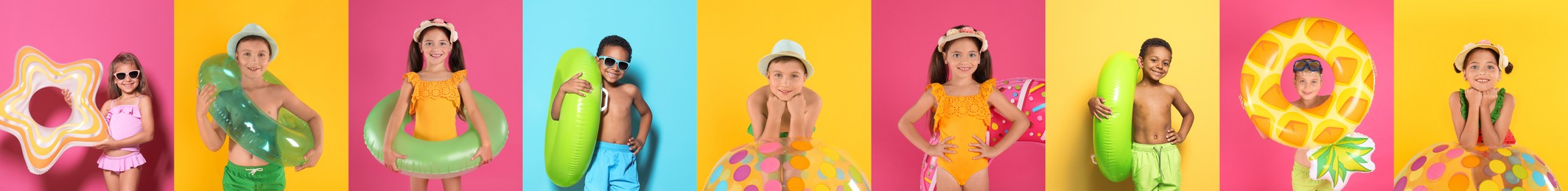 Image of Collage with beautiful photos themed to summer party and vacation. Cute children wearing swimsuits with inflatable rings on different color backgrounds, banner design