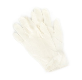 Photo of Pair of medical gloves isolated on white, top view
