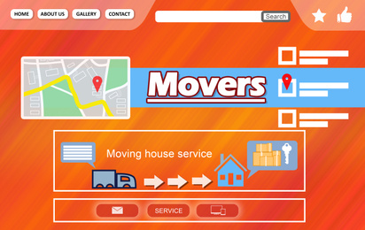 Image of Movers service. Illustration of truck, map and different icons 