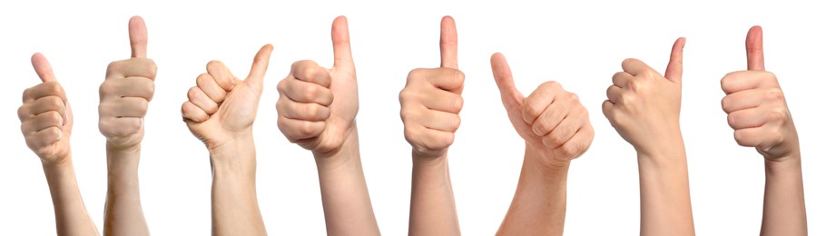 Image of Collage with photos of people showing thumbs up gestures on white background. Banner design