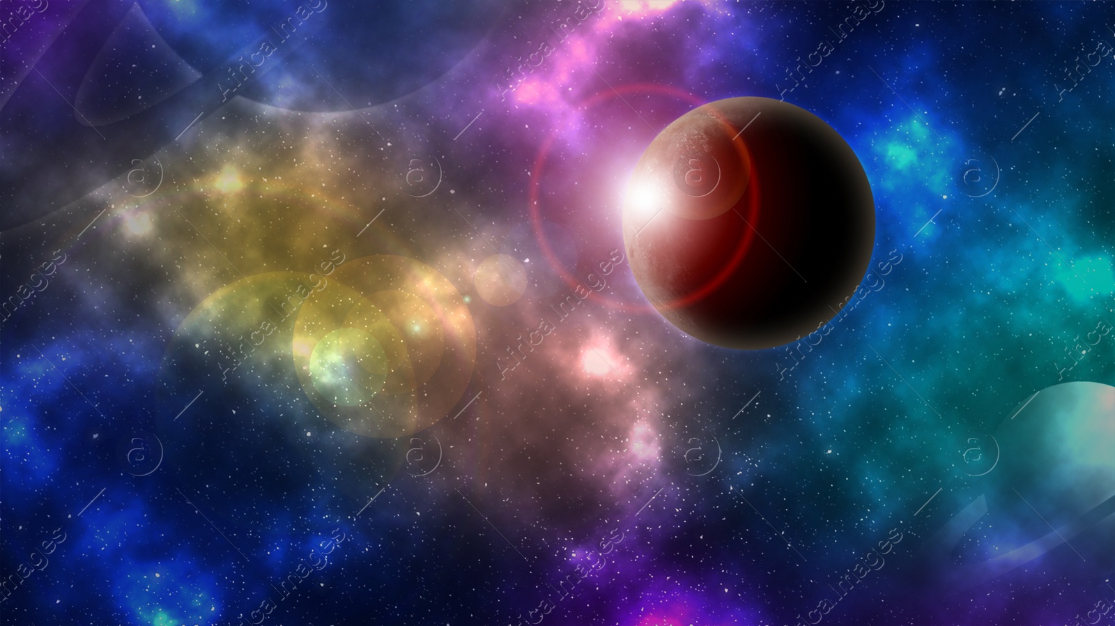Image of Amazing illustration of galaxy with stars and planets, banner design. Fantasy world