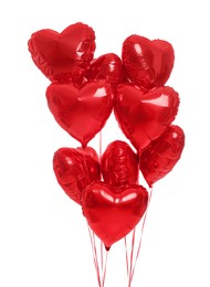 Photo of Many red heart shaped balloons isolated on white. Valentine's day celebration