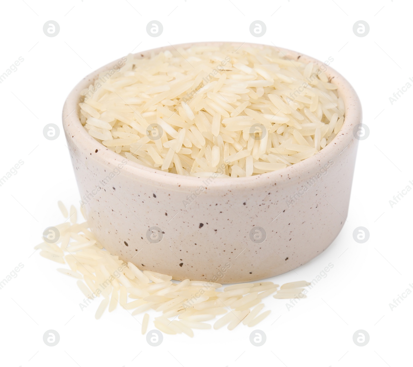 Photo of Raw rice in bowl isolated on white