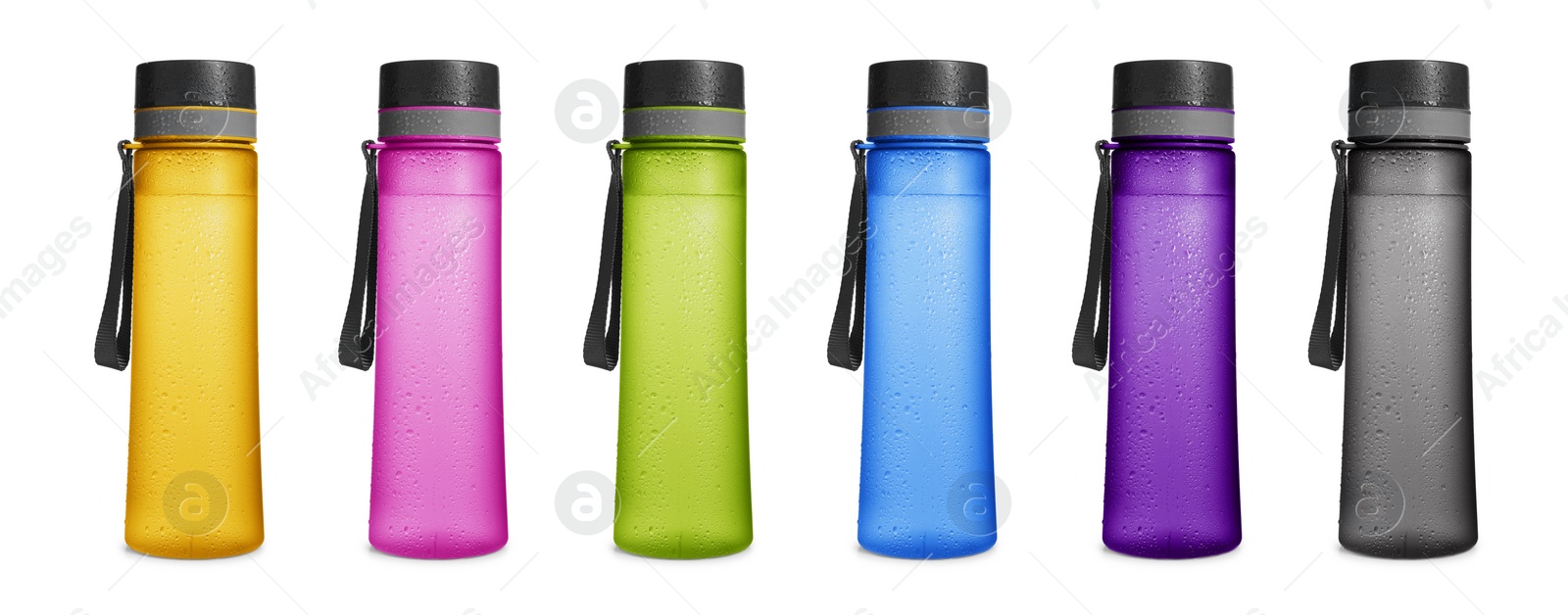 Image of Set with different stylish closed bottles with water on white background. Banner design