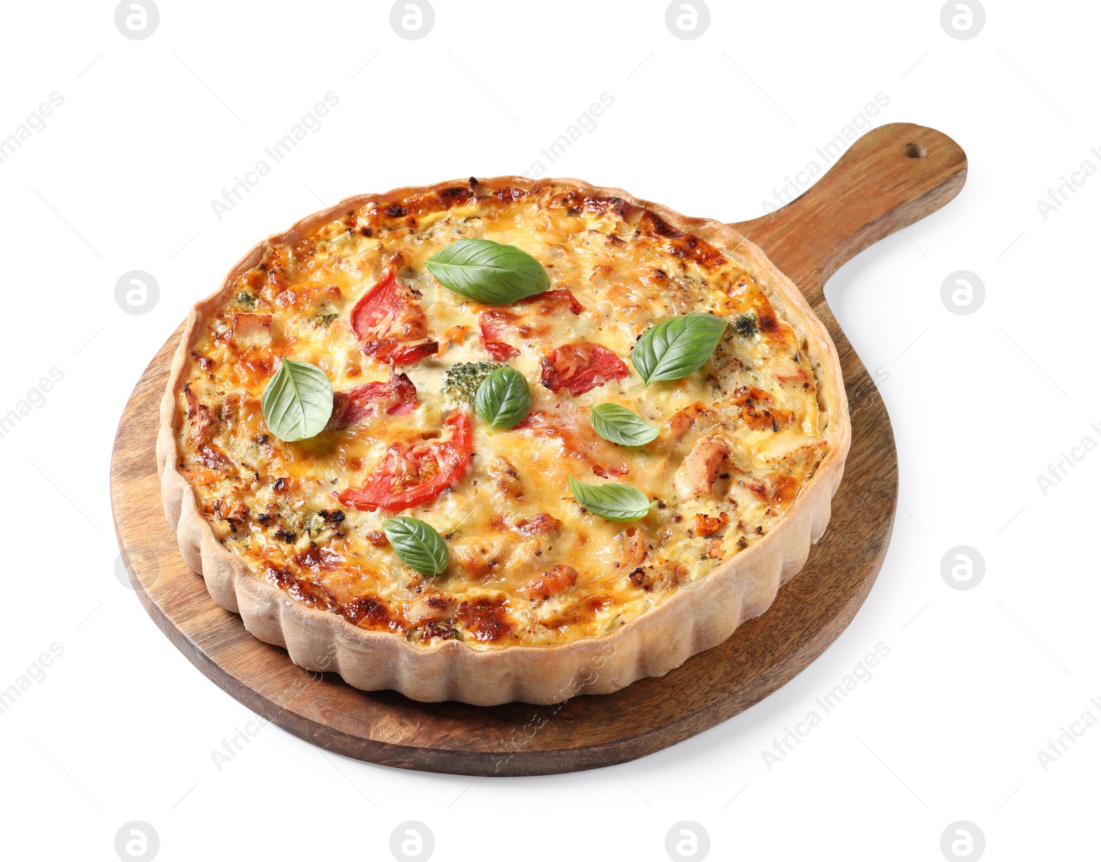 Photo of Tasty quiche with cheese, tomatoes and basil leaves isolated on white