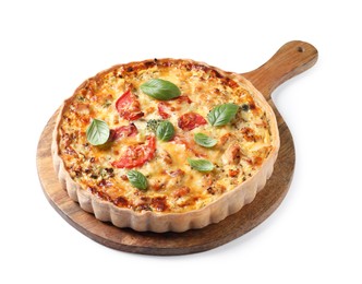 Photo of Tasty quiche with cheese, tomatoes and basil leaves isolated on white